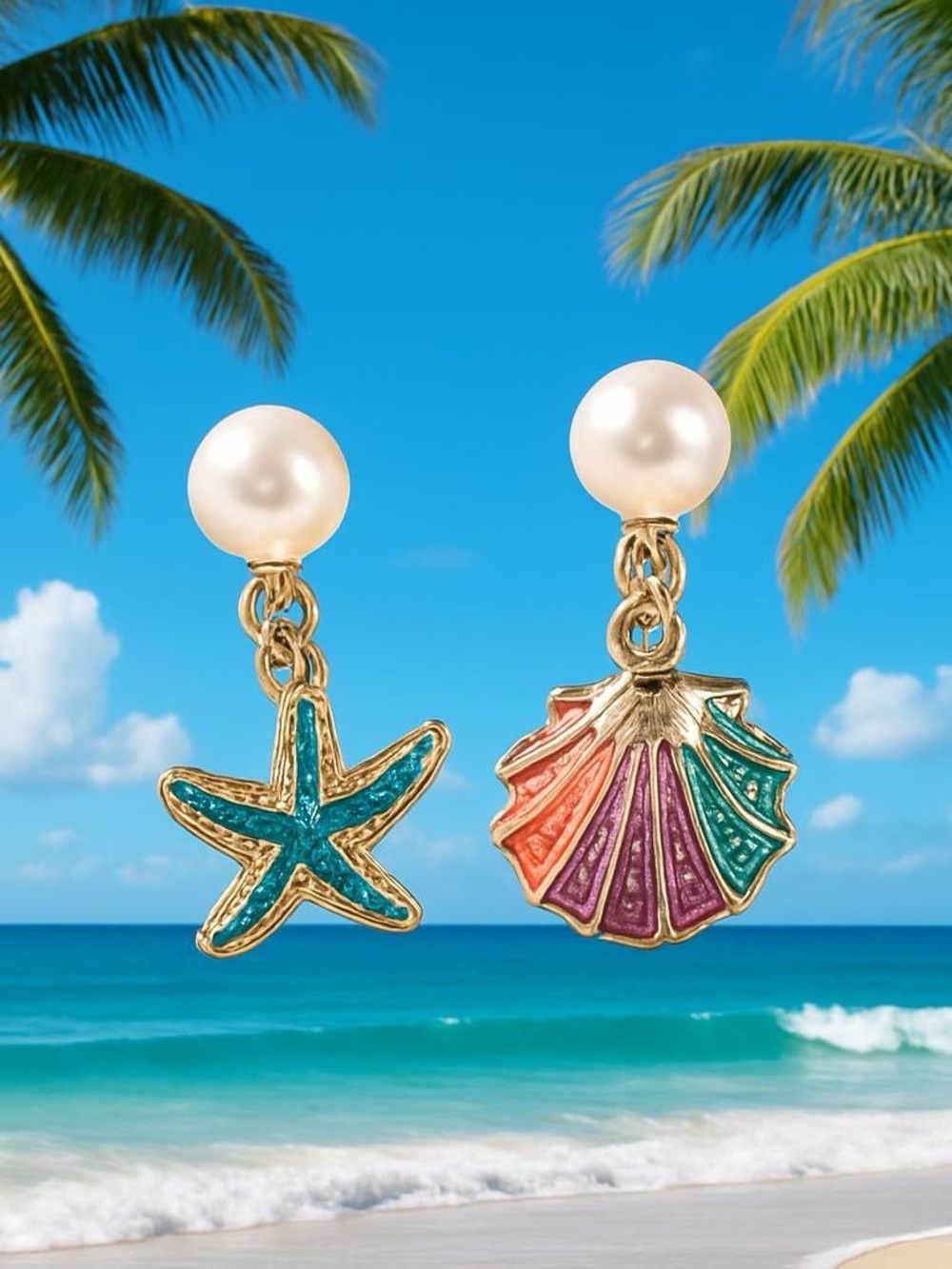 Starfish and shell dangle earrings with pearls
